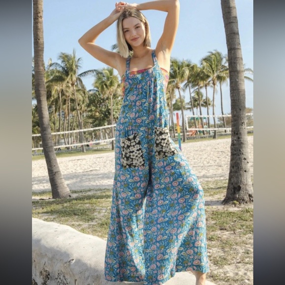 NATURAL LIFE Pants - Natural Life Dakota Tie Blue Floral Jumpsuit sz L